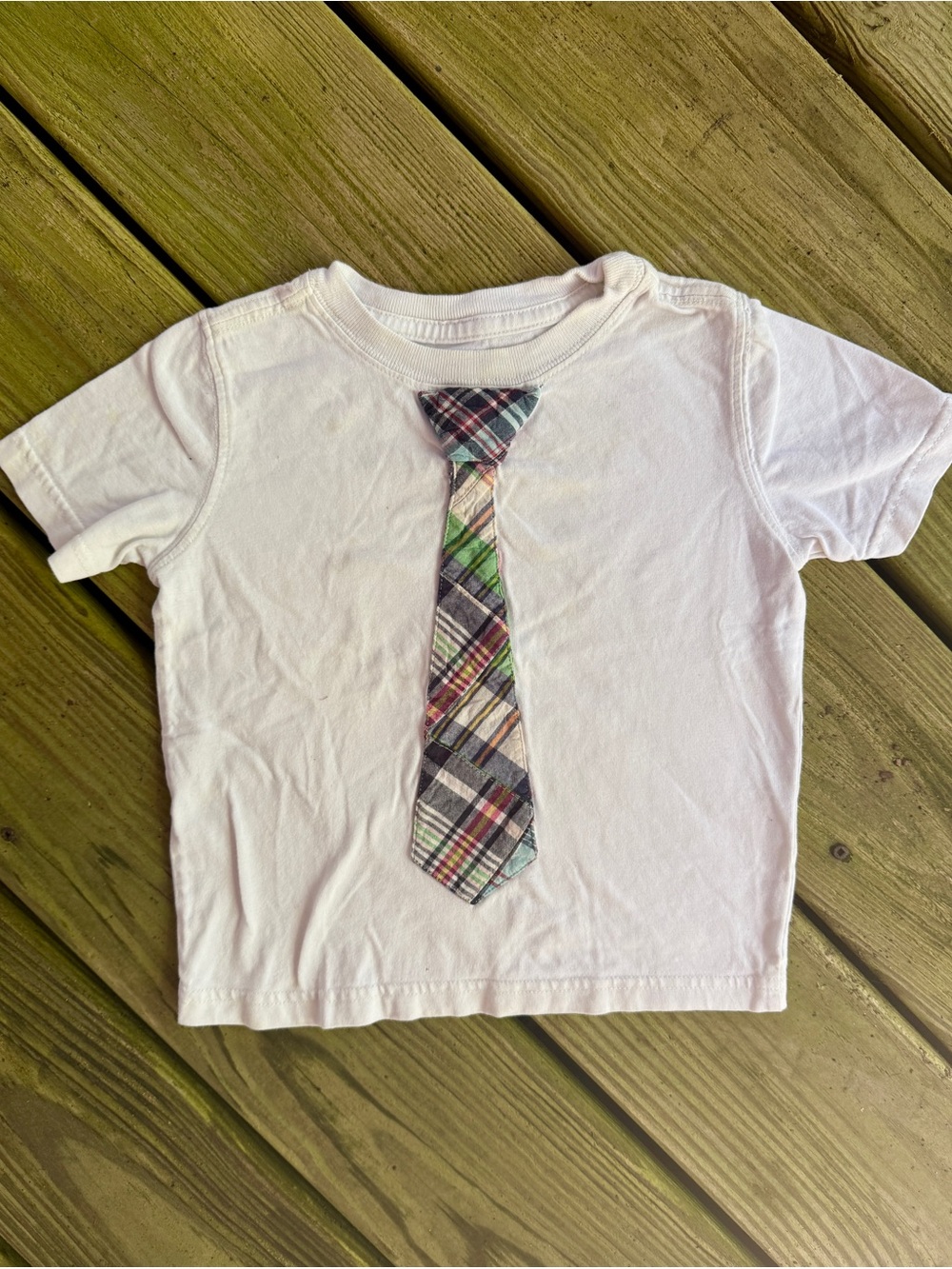 Baby Gap Plaid Faux Tie Applique Short Sleeve Tee White 2T